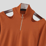 AIDASE  -  Men T Shirt Solid Zipper Knitted Off Shoulder Turtleneck Long Sleeve Male Tee Tops Streetwear Fashion Casual Camisetas aidase-shop