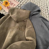 Aidase Mens Suede Hoodies Fall Winter Sweatshirt American Vintage College Style Hooded Sweatshirt Fashion Street Trend Clothing