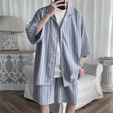 AIDASE  -  Summer Shirt Set Men Oversized Fashion Society Mens Black Formal Sets Korean Loose Casual White Striped Set Mens Plus Size 5XL aidase-shop