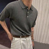 AIDASE  -  Summer New Men Ins Fashion Korean High Street Tees Casual Hemp Pattern Turn-down Collar Knitted Short Sleeve T-shirt HK5143 aidase-shop