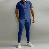AIDASE  -  Fashion Striped Print Mens Tracksuits Spring Summer Short Sleeve Lapel Zipper Tops and Pants Two Piece Sets Men Sports Clothing aidase-shop