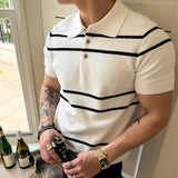 AIDASE  -  Daily Leisure Mens Slim Polo Shirts Knitted Short Sleeve Buttoned Turn-down Collar Polo Shirt Summer Casual Striped Knitting Top aidase-shop