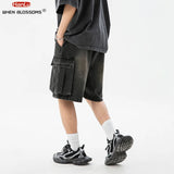 Aidase Korean Fashion Men's Wide Leg Denim Shorts Summer New Fashion Loose Casual Elastic Waist Large Pocket Cargo Men's Jeans Shorts