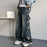 AIDASE  -  American Style Men's Jeans Trendy High Waist Washed Side Big Ripped Straight Wide Leg Design Fashion Denim Pants 21E7423 aidase-shop