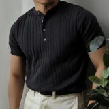Aidase Mens Casual Henley Collar Knitted Short Sleeves Genderless 2024 New American Simple Versatile Basic Solid Color Clothes Unisex aidase-shop