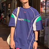 AIDASE  -  Hong Kong Style Retro Sports Jersey Patchwork Short Sleeved T-shirt for Men's Summer New Versatile Loose Line Pullover Top Tees aidase-shop