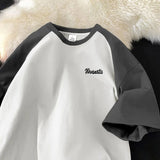 Aidase Summer Patchwork Men and Women Personalized Letter Print Short Sleeved American Loose Trend Simple Casual T-shirt Top Harajuku