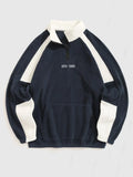 Aidase Color Block Sweatshirt for Men Letter Embroidered Polar Fleece Turtleneck Hoodie Quarter Zip Sweats Pullover aidase-shop