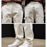 AIDASE  -  White Workwear Thigh Patch Jeans Men's New Woodcutter Rivet Straight Denim Pants Spring Autumn American Retro Cotton Cargo Pants aidase-shop