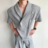 AIDASE  -  Simple Men's Two-piece Shawl Collar Short Sleeved Shoulder Pads Short Sleeved T-shirts Drawstring Loose Male Pants 9W3272 aidase-shop