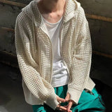 Aidase Hollow Out Knitted Hoodie Mens Jacket Loose Hooded Cardigan Spring Autumn Fashion Casual Knit Zip-Up Sweater Tops Streetwear