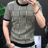 Aidase Diamond Check Contrast Knit T-Shirt High Elasticity Short Sleeve Slim Bottomed Tshirt Men Top Quality Streetwear Knitted Top aidase-shop