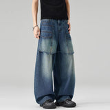 AIDASE  -  Men's Blue Spliced Casual Trendy Simple Basic Cool Baggy Wide Leg Denim Trousers Male American New Fashion Clothes Jeans Pants aidase-shop