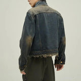 AIDASE  -  Short Japanese Distressed Denim Jacket Men Women Retro Fake Two-piece Double Necked Jackets High Street Wide Shoulder Jean Coats aidase-shop