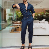 Aidase Fashion Men Jumpsuits Solid Color Lapel Long Sleeve Casual Cargo Clothes Overalls Male Rompers Streetwear Girdle Waist Siamese