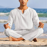 AIDASE  -  Men s Summer Cotton Linen Clothes Solid Color Long Sleeve Henley Shirt Elastic Waist Drawstring Pants 2 Pieces Loungewear Set aidase-shop