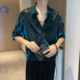 Aidase Men Shiny Design Casual Shirt Trendy Handsome Shirts Fashion Loose Half Sleeve Tops Korean Style Personality Clothing