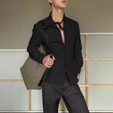 AIDASE  -  Men Shirt Solid Color Lapel Long Sleeve Lace Up Casual Men Clothing Streetwear Loose 2025 Fashion Male Shirts S-5XL