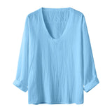 Aidase Spring Summer Mens V Neck Cotton Linen T-shirt Loose Solid Long Sleeve Pullovers Tops Fashion Casual Clothing Streetwear
