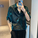 Aidase Men Shiny Design Casual Shirt Trendy Handsome Shirts Fashion Loose Half Sleeve Tops Korean Style Personality Clothing