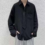 Aidase White Solid Shirts With Tie Men's Oversize Long Sleeve Casual Cardigan Fashion Spring Autumn Blouses Unisex Daily All-match Tops