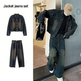 Two Piece Set/single Piece Spring Autumn Jackets Jeans Tracksuit Trendy Vintage Loose Washed Old Jeans Set Male Street Outerwear