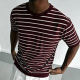 AIDASE  -  Retro Striped Knit T-Shirt Men Crew Neck Short Sleeve Soft Viscose Slim Fit Vintage Basic Casual Summer Top For Mature Gentlemen aidase-shop