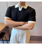 AIDASE  -  Images Simple Striped Ice Silk Elastic Jacquard Turn-down Collar Short Sleeved T-shirt 2025 Contrast Color Male Tops aidase-shop