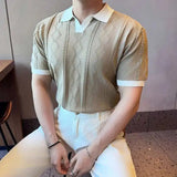 AIDASE  -  Images Simple Striped Ice Silk Elastic Jacquard Turn-down Collar Short Sleeved T-shirt 2025 Contrast Color Male Tops