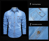AIDASE  -  100% Cotton Good Qulaity M-5XL Large Size Denim Shirt Men Spring Fall Fashion Solid Color Long Sleeve Multi-pocket Slim Fit Tops aidase-shop