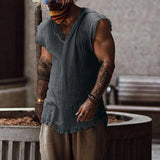 Aidase Vintage Tassels T-shirt Top Men Sleeveless V-Neck Loose Tank Blouse Summer Newest Male Fashion Waistcoat Tshirt Vest Streetwear