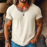 AIDASE  -  Classic Ripped O Neck Short Sleeve T Shirt Men Summer Casual Solid Color Loose T-shirts Mens Daily Leisure Pullover Tops aidase-shop