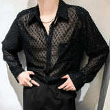 Aidase Mens Sexy Mesh See-Through Long-Sleeved Shirt Autumn Genderless Fashion Youth Nightclub Shiny Breathable Performance Top Unisex aidase-shop