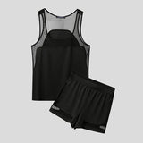 AIDASE  -  Men Sets Mesh Patchwork O-neck Sleeveless Tank Tops & Shorts Two Pieces Sets See Through Streetwear Fashion Men's Suits aidase-shop