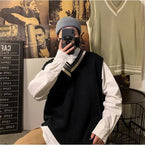 AIDASE  -  Autumn Winter V-neck Knitted Sweater Vest Men Oversized Loose Sleeveless Pullover Tops Men's Korean Warm Sweaters Tank Tops aidase-shop