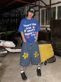 Aidase Summer Daisy Print Denim Shorts Men Aesthetic Y2k Casual Wide Pants Cropped Jeans Low Rise Baggy Jorts Vintage Clothes