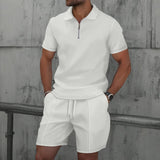 AIDASE  -  Summer Men Suits Solid Color Waffle Lapel Slim-Fit Casual Fashion Zip-Up Short Sleeve Shirts Suit Shorts Two Sets aidase-shop