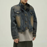AIDASE  -  Short Japanese Distressed Denim Jacket Men Women Retro Fake Two-piece Double Necked Jackets High Street Wide Shoulder Jean Coats aidase-shop