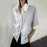 AIDASE  -  Summer New Patchwork Half Sleeve Men Shirt Fashion Loose Striped Trend Menswear Lapel Single Breasted Male Tops 21E6285