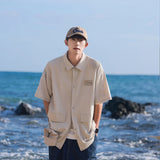 Aidase Summer Lapel Retro All-Match Shirt Men Big Pocket Design Versatile Shirts Loose Suit Solid Color Half-Sleeve High Quality Blouse aidase-shop