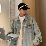 AIDASE  -  Men's Ripped Denim Jacket Autumn American Retro Washed Hip Hop Streetwear Cool Trendy Loose Casual Jacket Button Up Jeans Coat aidase-shop