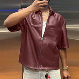 AIDASE  -  Solid Color Men Shirt Faux PU Leather Lapel Short Sleee Men Clothing Zipper Summer Streetwear Fashion Casual Camisa aidase-shop