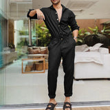 Aidase Fashion Men Jumpsuits Solid Color Lapel Long Sleeve Casual Cargo Clothes Overalls Male Rompers Streetwear Girdle Waist Siamese