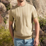 AIDASE  -  New Fashion Mens Solid Color Slim T Shirts Knitted Short Sleeve O Neck Jumper Top Men Summer Trendy Striped Crochet Knit T-shirt aidase-shop