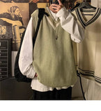 AIDASE  -  Autumn Winter V-neck Knitted Sweater Vest Men Oversized Loose Sleeveless Pullover Tops Men's Korean Warm Sweaters Tank Tops aidase-shop