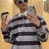 AIDASE  -  American Patchwork Contrasting Polo Shirt Men's Loose Spring Autumn Korean Casual Versatile Retro Striped Long Sleeved T-shirt aidase-shop