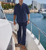 AIDASE  -  Men's Cotton and Linen Shirt Long Pants Two-piece Set Fashionable Henry Collar Long Sleeved Shirt Casual Vacation Beach Pants aidase-shop