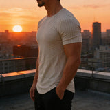 AIDASE  -  Casual Crew Neck Short Sleeve Mens T Shirts Summer Sports Fashion Stretch Slim Pullover Tops Men Vintage Striped Textured Tees aidase-shop