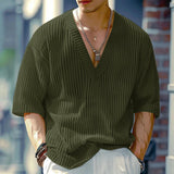 AIDASE  -  Men V Neck Half Sleeve Solid Color Ribbed Knitted Shirts aidase-shop