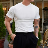 AIDASE  -  Fashion Solid Color Ribbed Slim T Shirts Men's Streetwear Classic Simple Crew Neck Short Sleeve Tees Summer Leisure Men Clothes aidase-shop